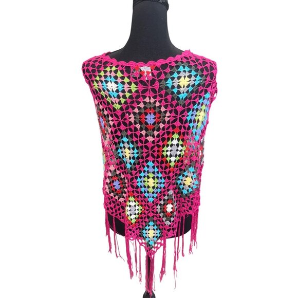 Say What? Crochet Multicolor Fringe Poncho Top One Size 100% Boho Hippie Retro - Picture 2 of 7